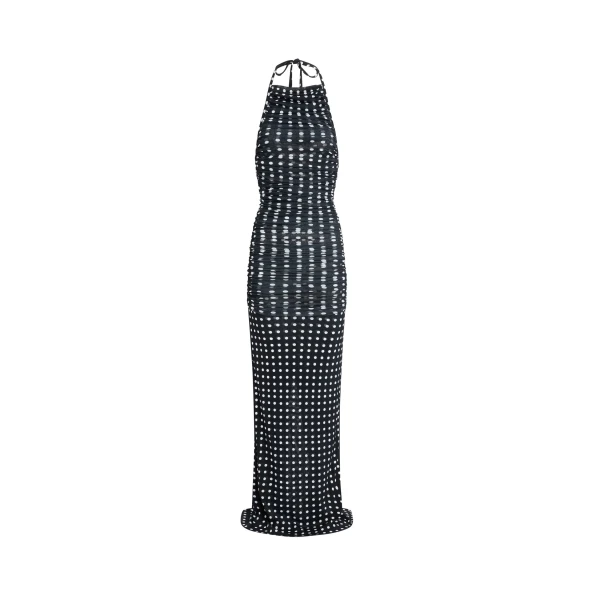 Recycled nylon long draped dress in Night Blue Polka Dots