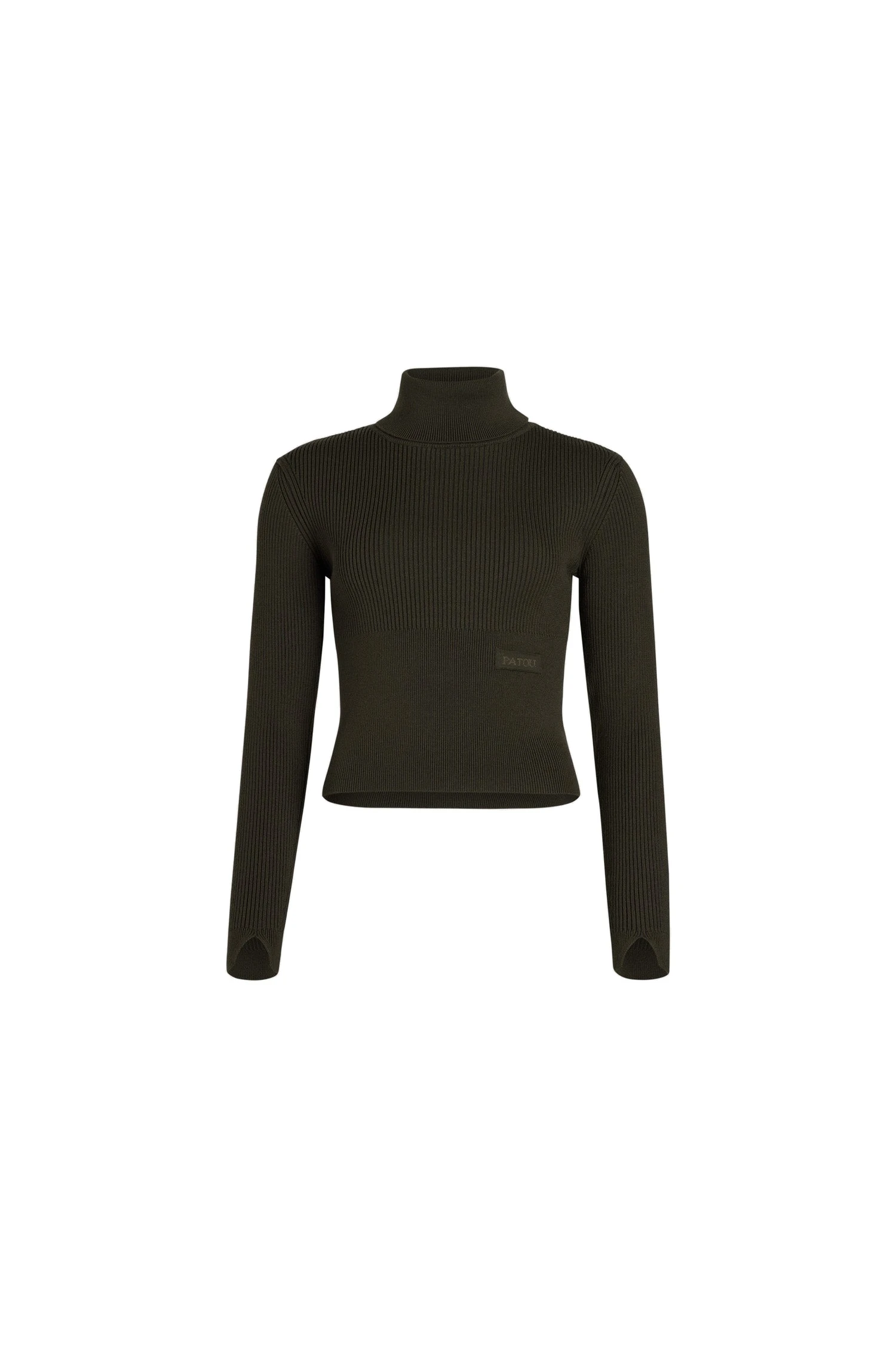 Patou Ribbed turtleneck jumper in Khaki sustainable wool and cashmere | Knitwear | Coveti Patou Ribbed turtleneck jumper in Khaki sustainable wool and cashmere