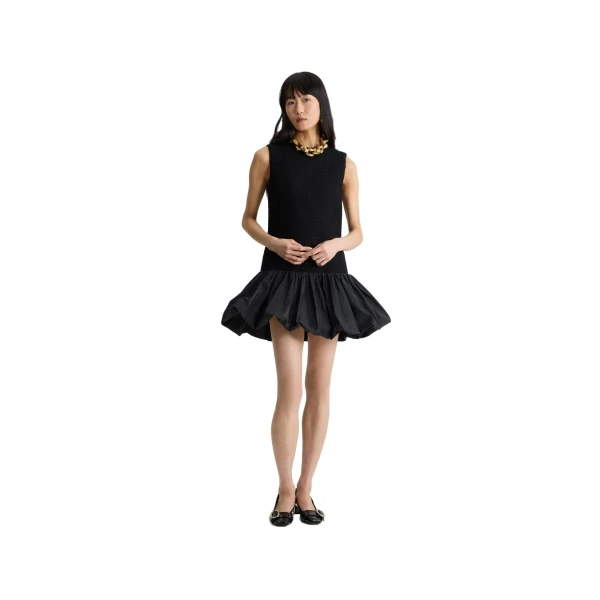 Ruffle hem dress in Black sustainable wool blend tweed and faille - Image 2