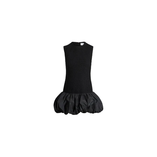 Ruffle hem dress in Black sustainable wool blend tweed and faille