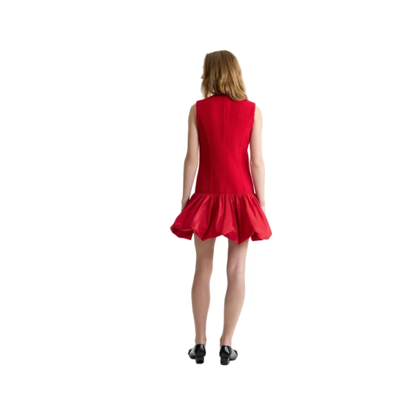 Ruffle hem dress in Scarlet Red sustainable wool blend tweed and faille - Image 3