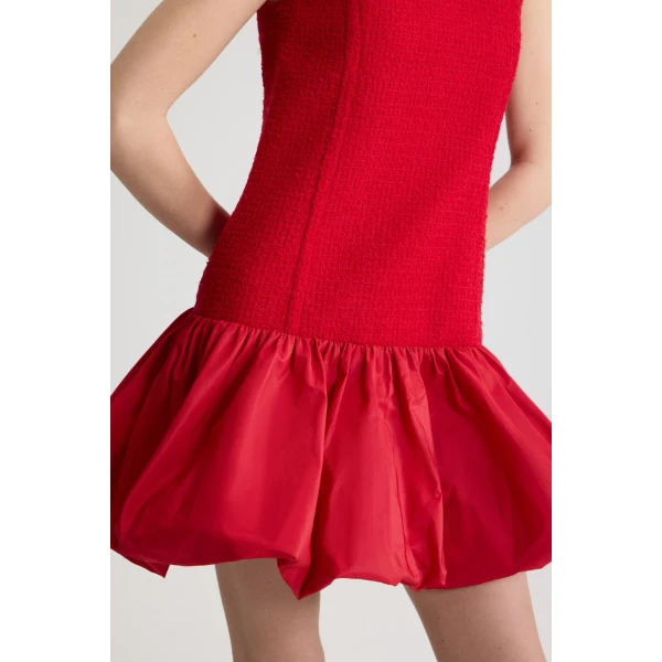 Ruffle hem dress in Scarlet Red sustainable wool blend tweed and faille - Image 4