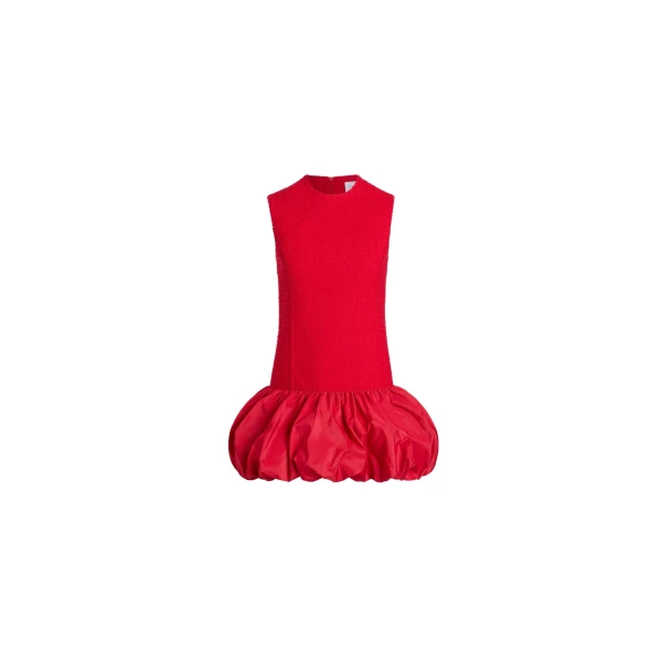 Patou Ruffle hem dress in Scarlet Red sustainable wool blend tweed and faille