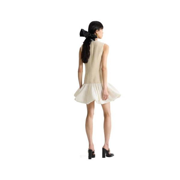 Ruffle hem dress in Snowberry White sustainable wool blend tweed and faille - Image 3