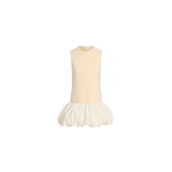 Patou Ruffle hem dress in Snowberry White sustainable wool blend tweed and faille