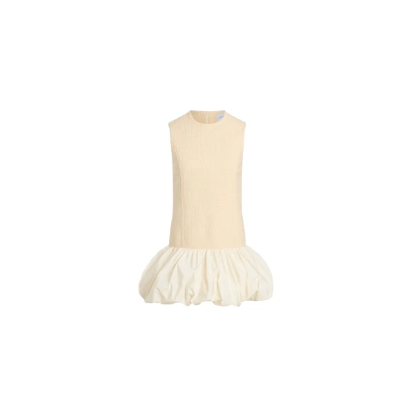 Ruffle hem dress in Snowberry White sustainable wool blend tweed and faille