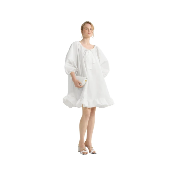 Ruffle hem dress in White recycled faille - Image 2