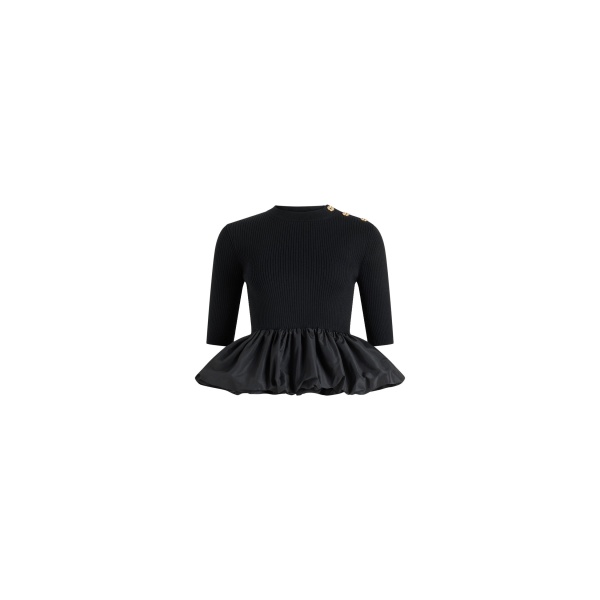 Patou Ruffle hem ribbed jumper in Black wool and faille