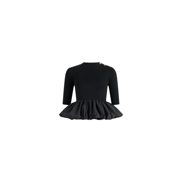 Patou Ruffle hem ribbed jumper in Black wool and faille