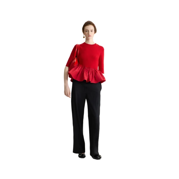 Ruffle hem ribbed jumper in Elixir Red wool and faille - Image 2