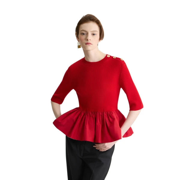 Ruffle hem ribbed jumper in Elixir Red wool and faille - Image 5