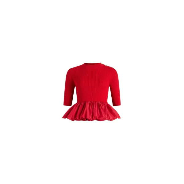 Ruffle hem ribbed jumper in Elixir Red wool and faille
