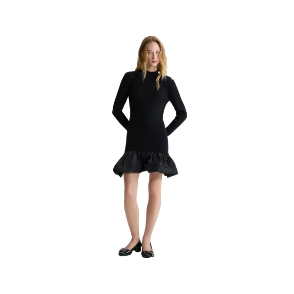 Ruffle hem ribbed mini dress in Black wool and faille - Image 2