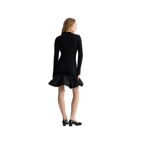 Ruffle hem ribbed mini dress in Black wool and faille - Image 3