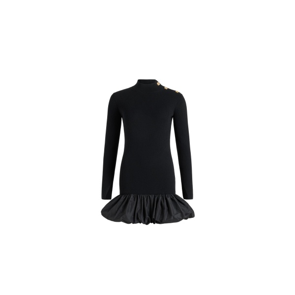 Patou Ruffle hem ribbed mini dress in Black wool and faille