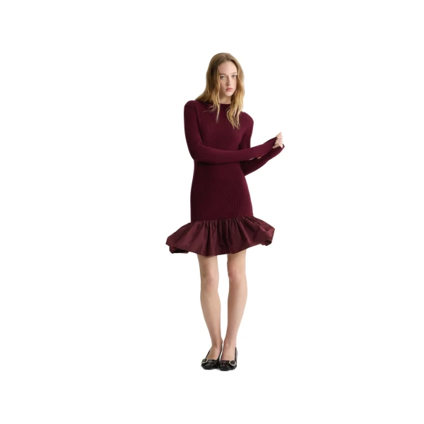 Ruffle hem ribbed mini dress in Syrah wool and faille - Image 2