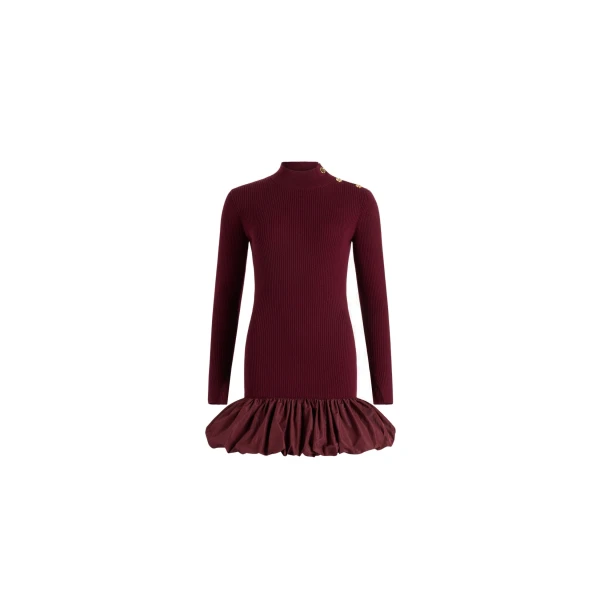 Patou Ruffle hem ribbed mini dress in Syrah wool and faille