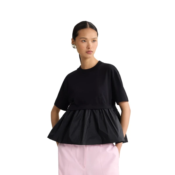 Ruffle hem t-shirt in Black organic cotton and faille - Image 5