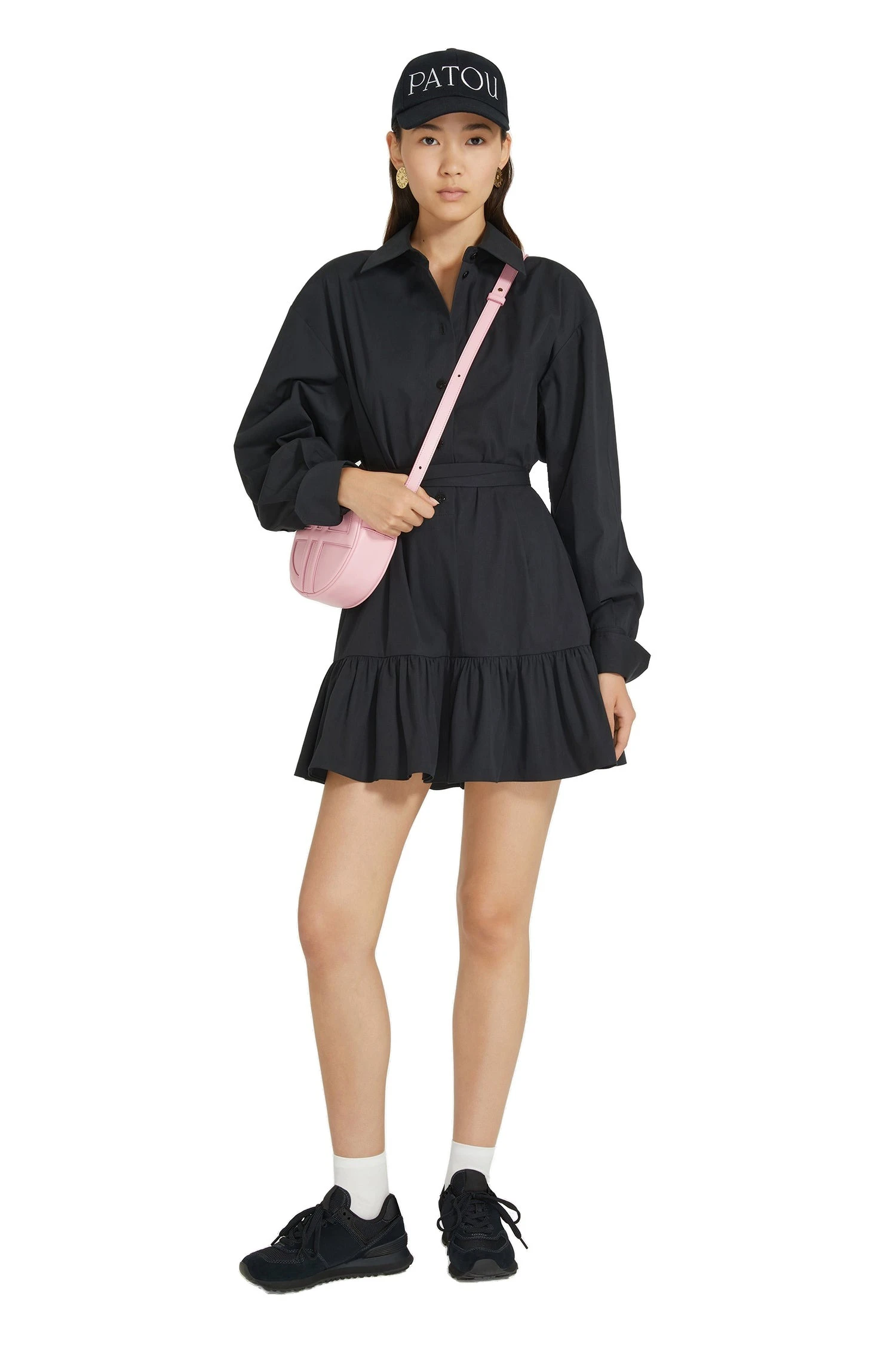 Patou Ruffle mini shirt dress in Black sustainable cotton | Dresses | Coveti Patou Ruffle mini shirt dress in Black sustainable cotton