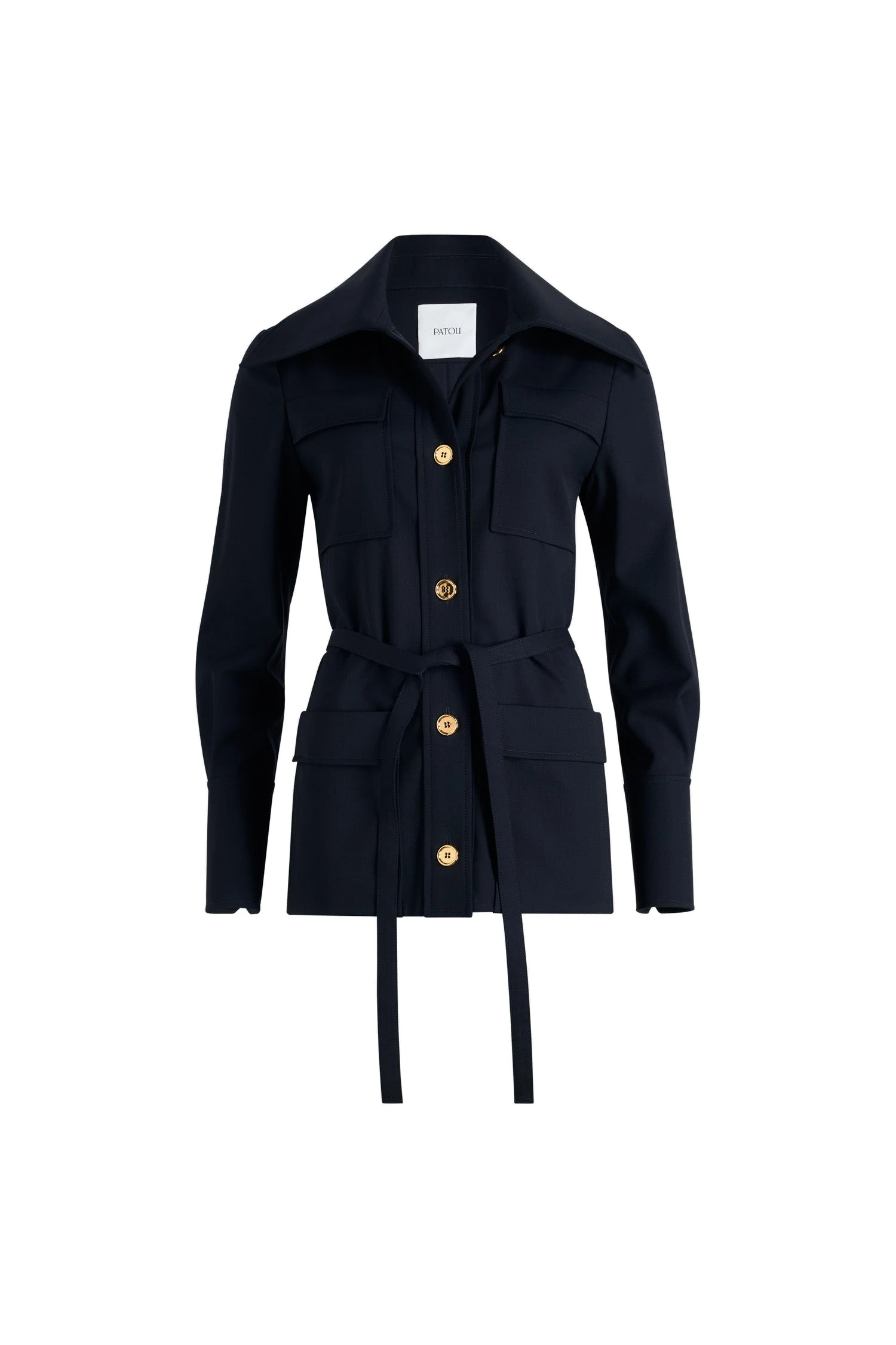 Patou Safari jacket in Navy Black sustainable technical wool twill | Jackets | Coveti Patou Safari jacket in Navy Black sustainable technical wool twill