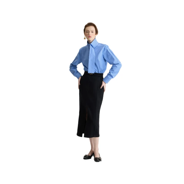 Scarf collar blouse in Ice Blue Stripes printed organic cotton poplin - Image 2