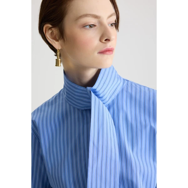 Scarf collar blouse in Ice Blue Stripes printed organic cotton poplin - Image 5