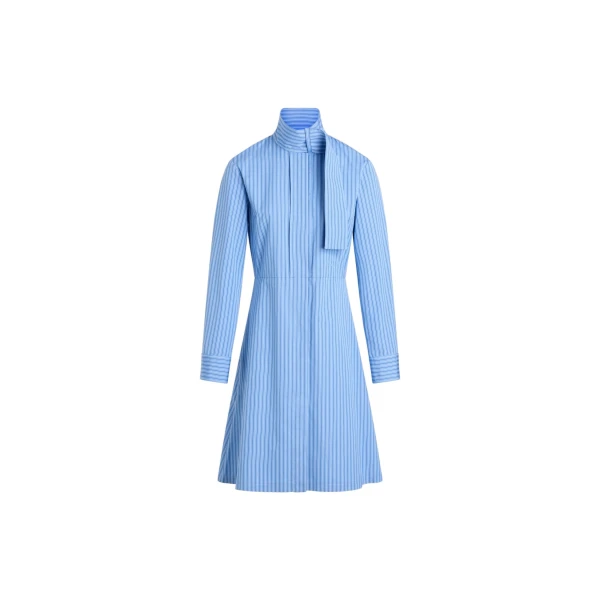 Patou Scarf collar shirt dress in Ice Blue Stripes organic cotton poplin