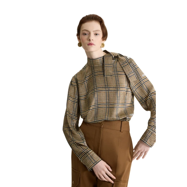 Scarf collar top in Prince of Wales Print printed organic silk - Image 5