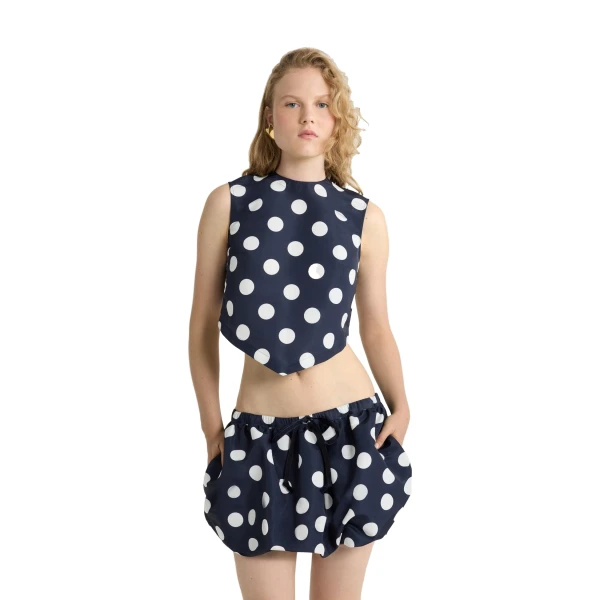 Scarf top in Navy Polka Dots printed recycled ottoman faille - Image 5