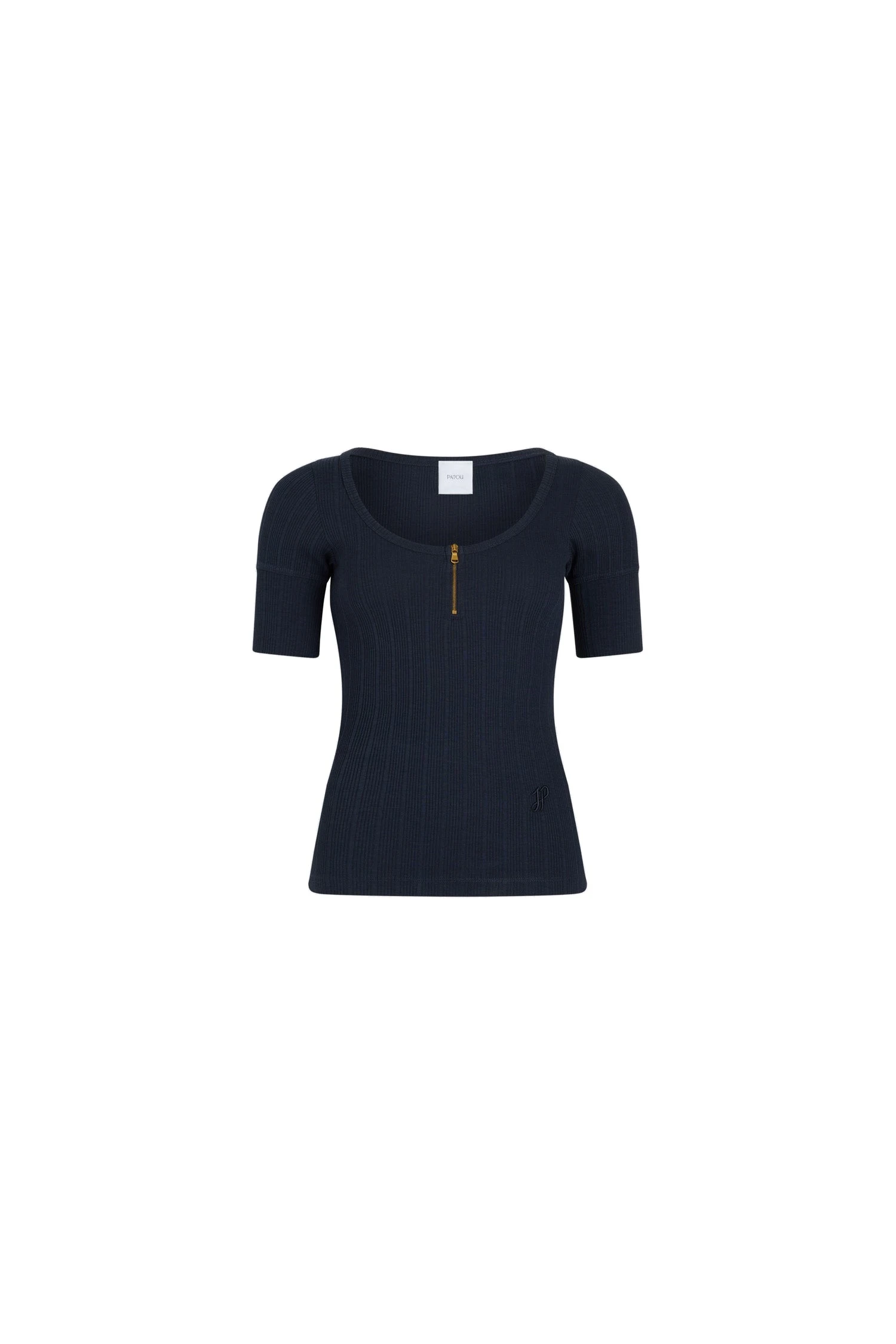 Patou Scoop neck t-shirt in Navy Black ribbed organic cotton blend | Tops | Coveti Patou Scoop neck t-shirt in Navy Black ribbed organic cotton blend