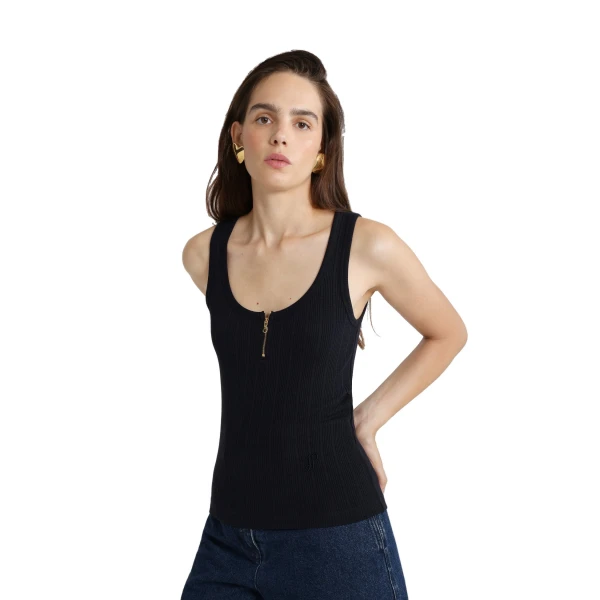 Scoop neck tank in Navy Black ribbed organic cotton blend - Image 4
