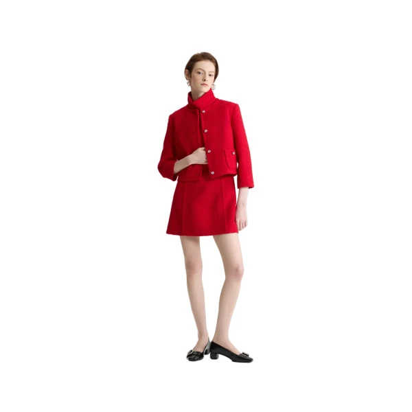 Short collarless jacket in Scarlet Red sustainable wool blend tweed - Image 2