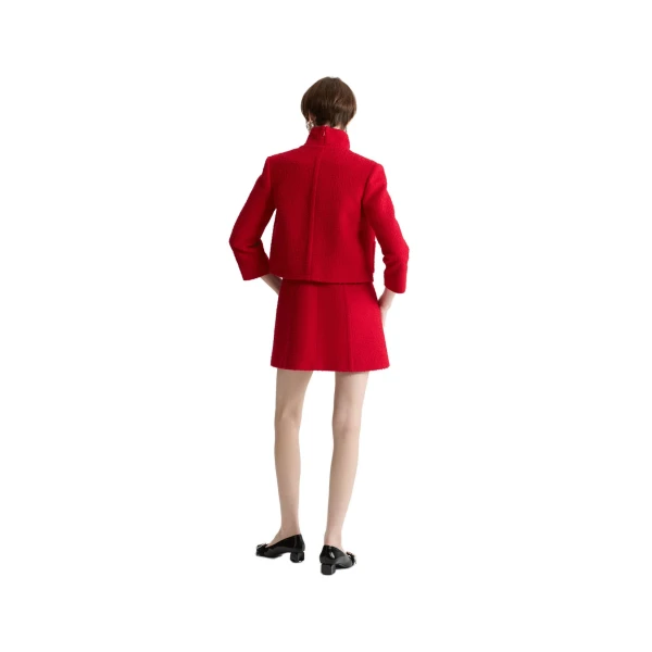 Short collarless jacket in Scarlet Red sustainable wool blend tweed - Image 3