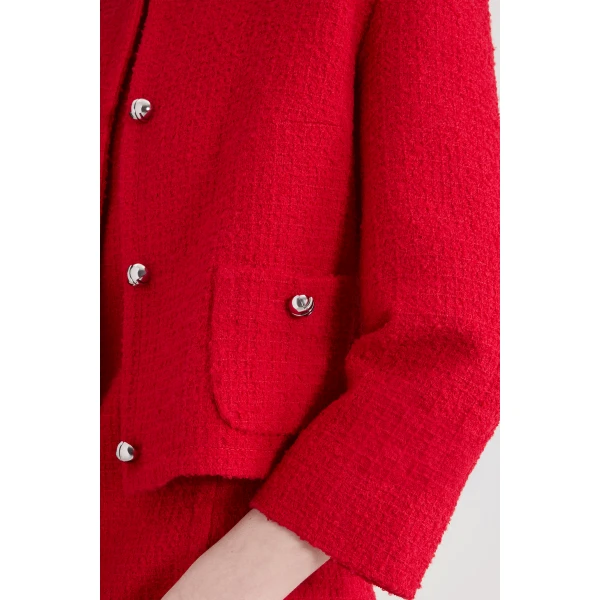 Short collarless jacket in Scarlet Red sustainable wool blend tweed - Image 4