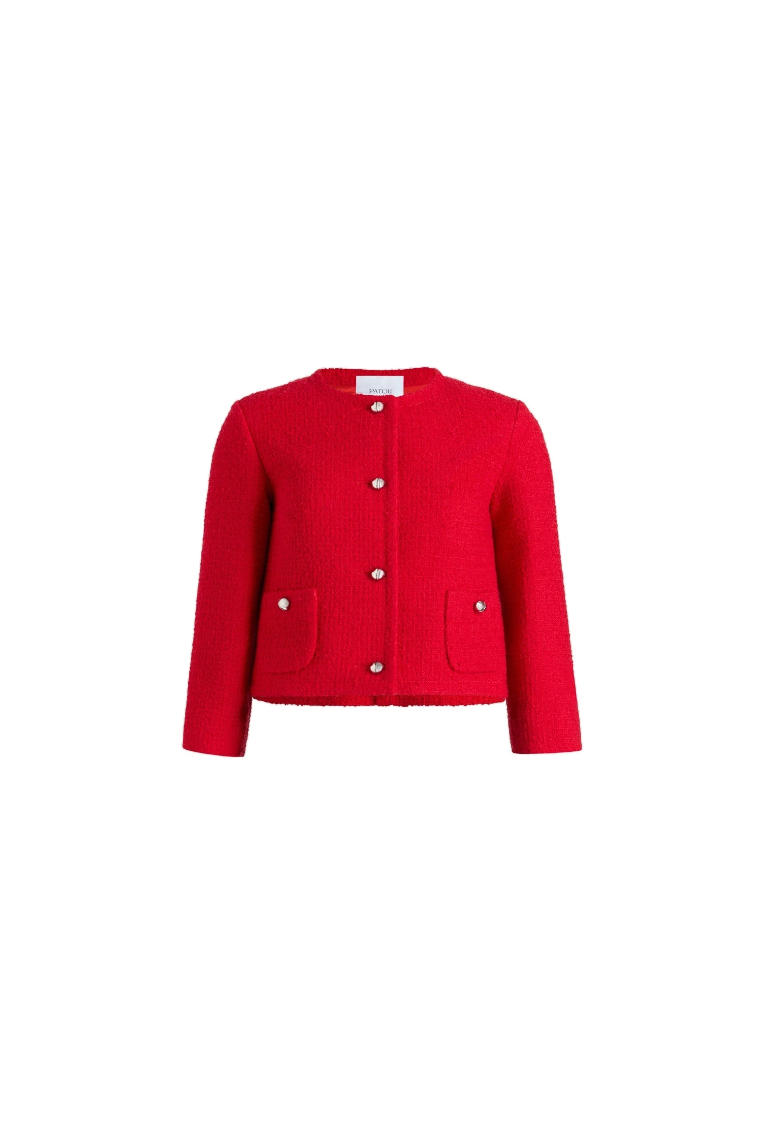 Patou Short collarless jacket in sustainable wool blend | Coveti Patou Short collarless jacket in No Label Scarlet Red sustainable wool blend tweed