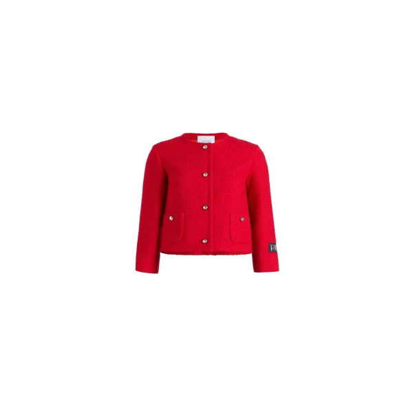 Short collarless jacket in Scarlet Red sustainable wool blend tweed