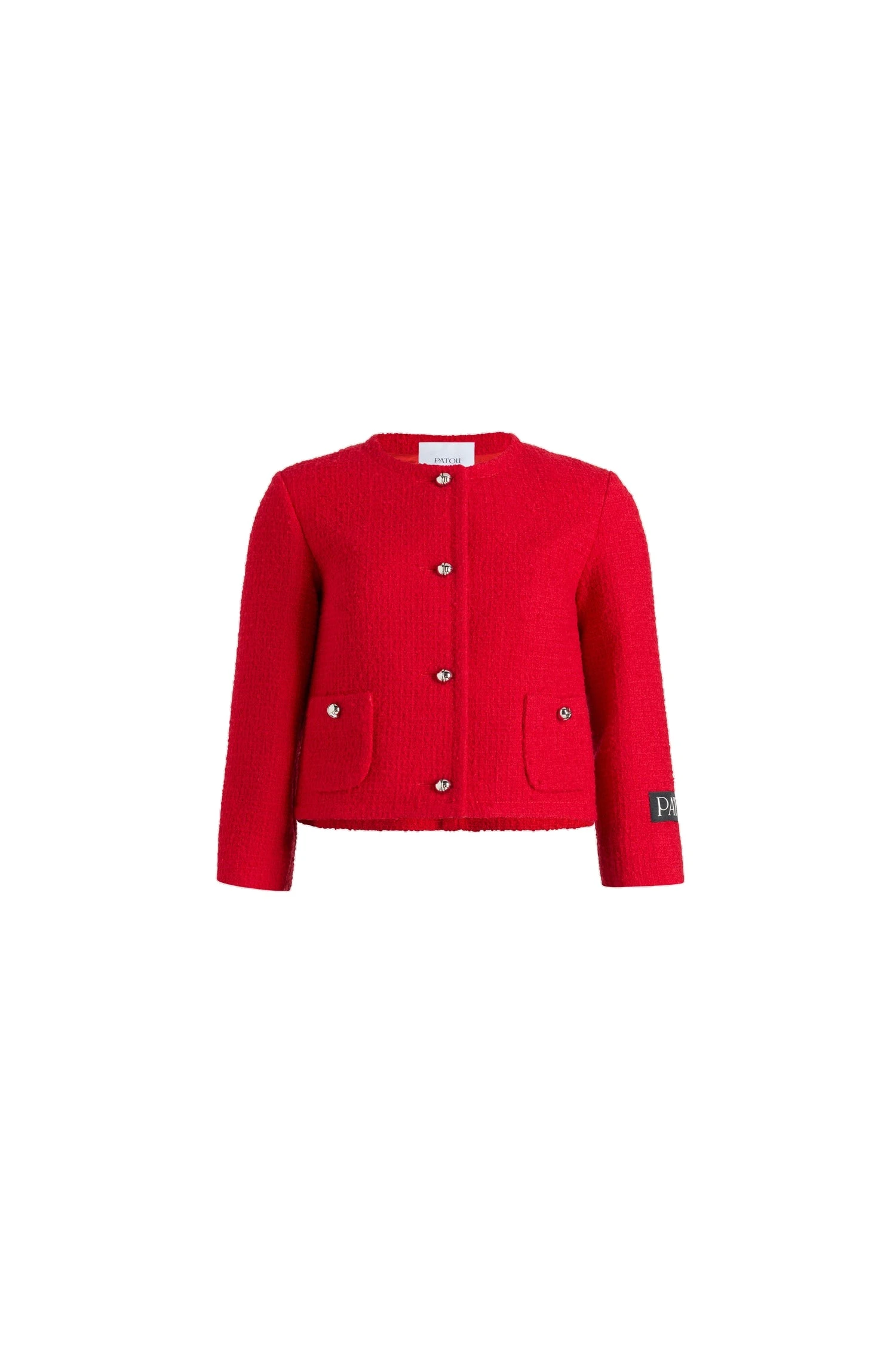 Patou Short collarless jacket in sustainable wool blend | Coveti Patou Short collarless jacket in Scarlet Red sustainable wool blend tweed