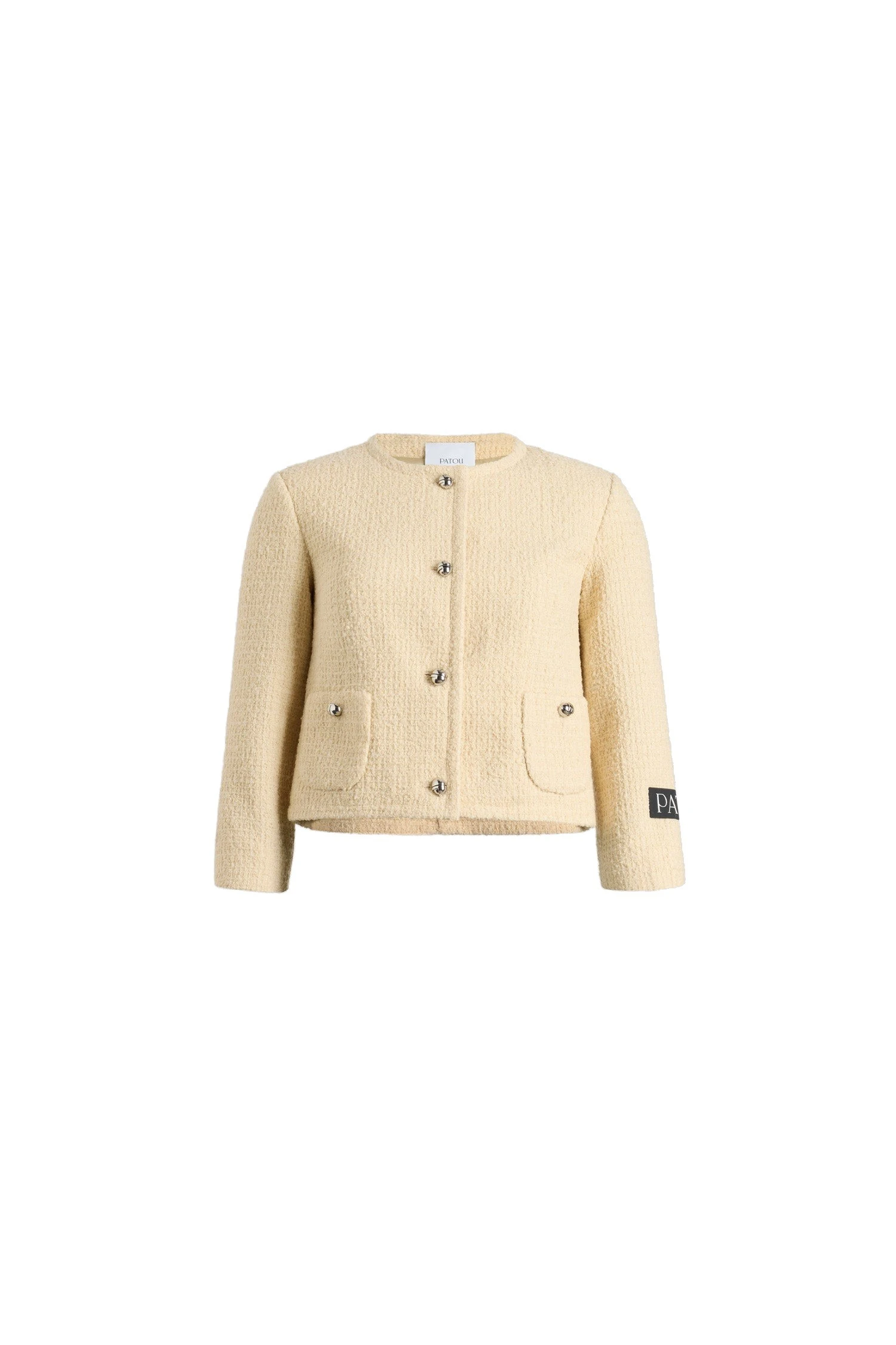 Patou Short collarless jacket in sustainable wool blend | Coveti Patou Short collarless jacket in Snowberry White sustainable wool blend tweed
