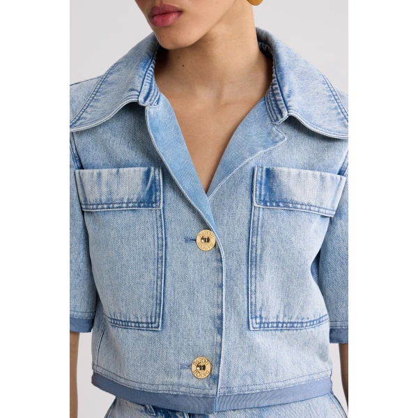 Short-sleeved cotton blend jacket in Riviera Sky Blue - Image 4