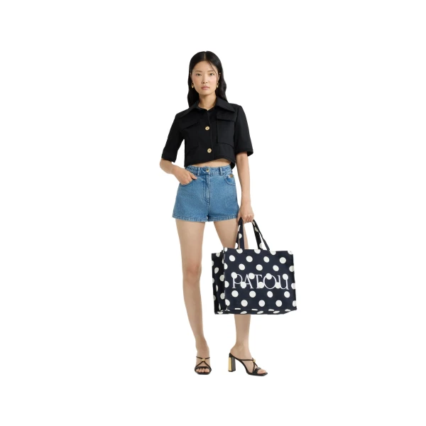 Short-sleeved cropped jacket in Black organic cotton gabardine - Image 2