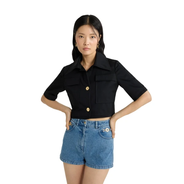 Short-sleeved cropped jacket in Black organic cotton gabardine - Image 4