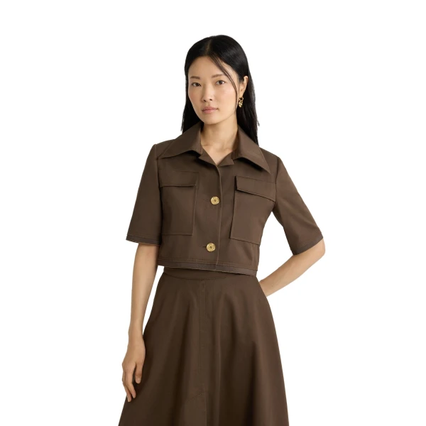 Short-sleeved cropped jacket in Java Brown organic cotton gabardine - Image 4
