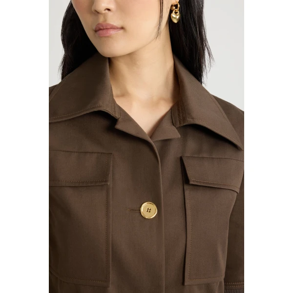Short-sleeved cropped jacket in Java Brown organic cotton gabardine - Image 5