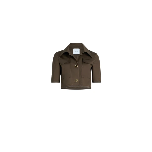 Patou Short-sleeved cropped jacket in Java Brown organic cotton gabardine