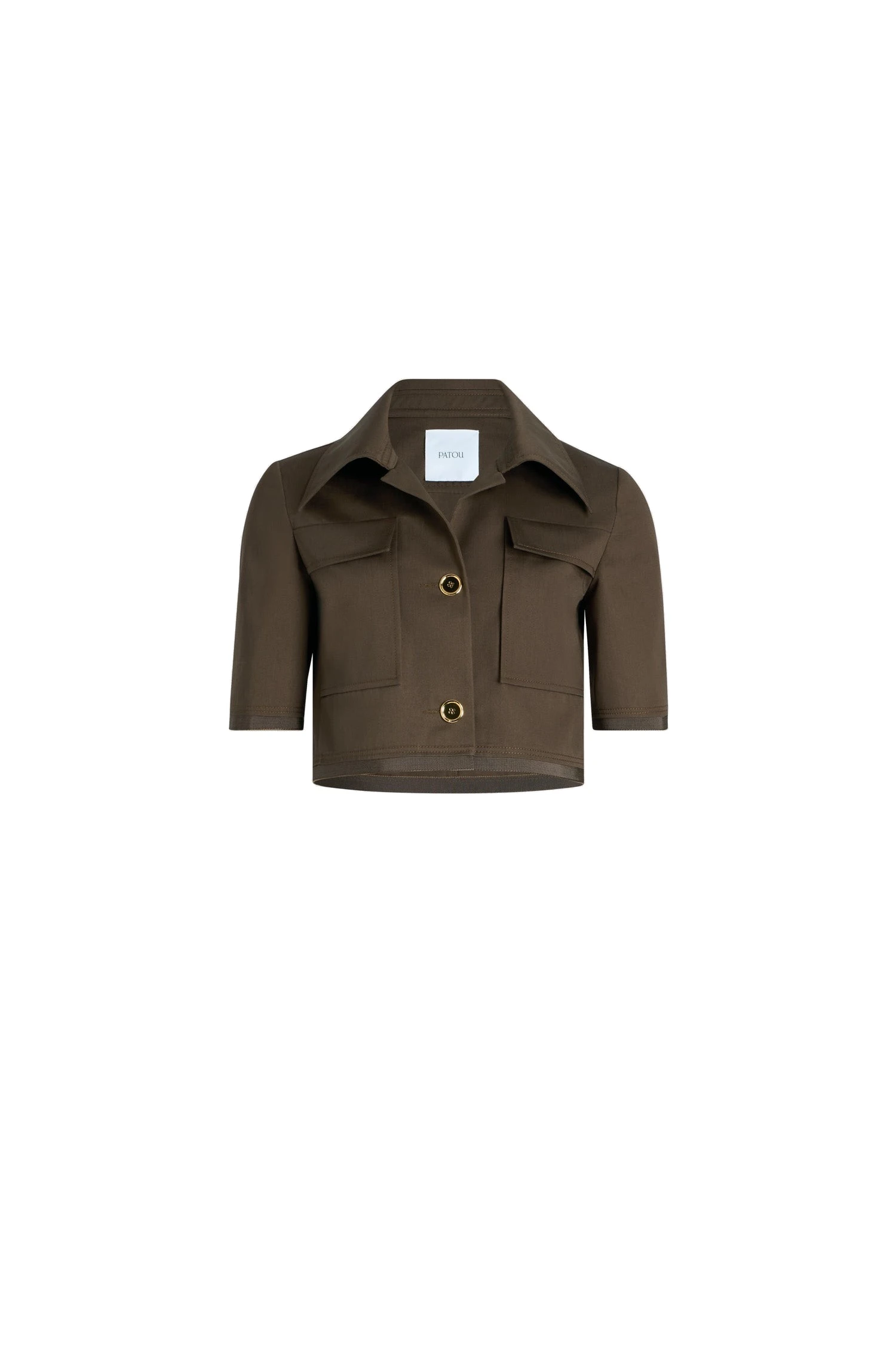 Patou Short-sleeved cropped jacket in Java Brown organic cotton gabardine | Jackets | Coveti Patou Short-sleeved cropped jacket in Java Brown organic cotton gabardine