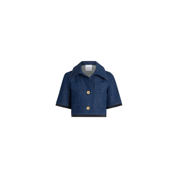 Patou Short-sleeved cropped jacket in Rodeo Blue cotton denim