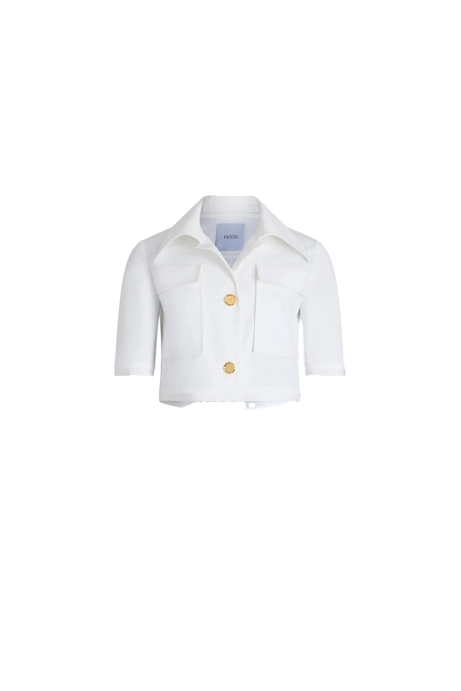 Patou Short-sleeved cropped jacket in White organic cotton gabardine | Jackets | Coveti Patou Short-sleeved cropped jacket in White organic cotton gabardine