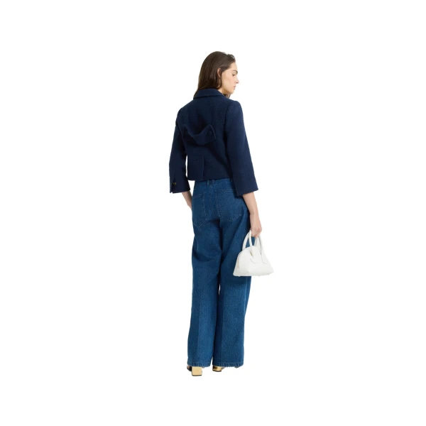 Short tailored jacket in Navy Black lightweight organic cotton tweed - Image 3