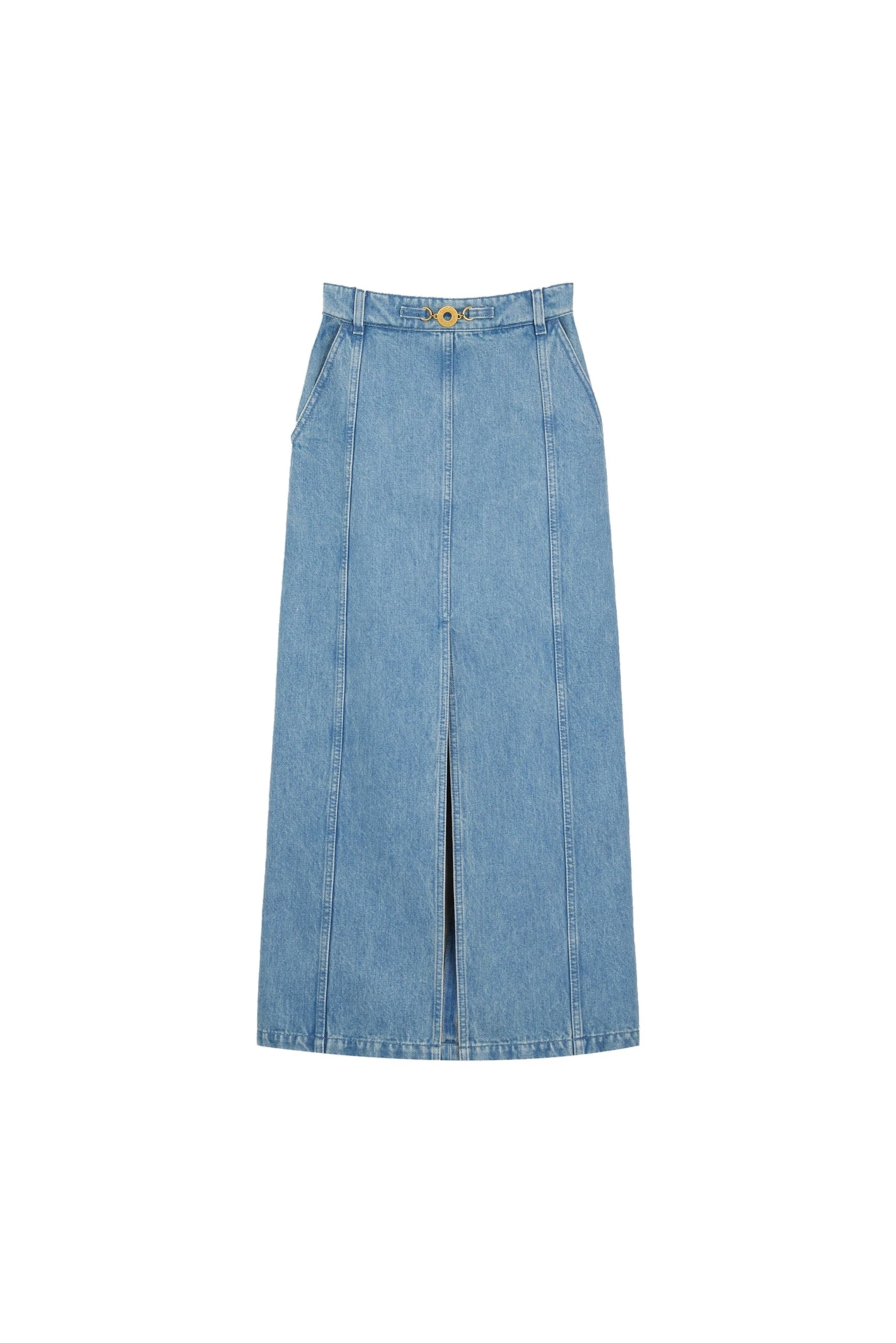 Patou Slit midi skirt in Ice Blue organic cotton denim | Skirts | Coveti Patou Slit midi skirt in Ice Blue organic cotton denim