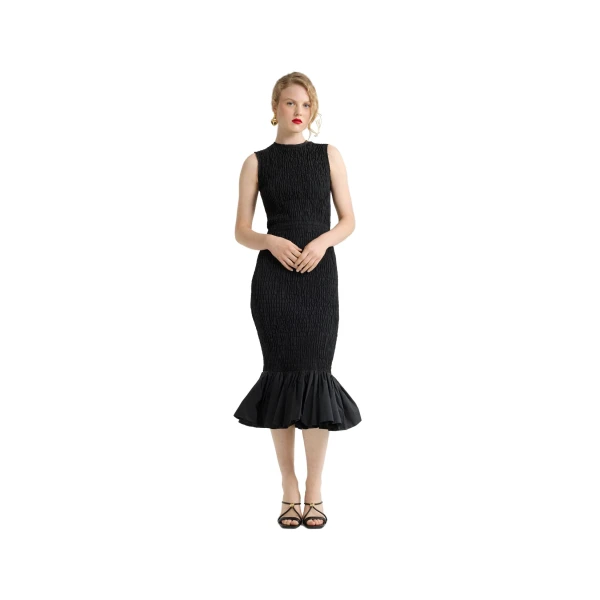 Smocked fishtail midi dress in Black recycled faille - Image 2